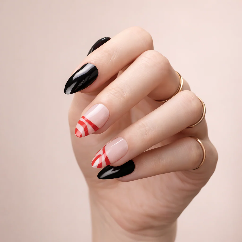 Faux Ongles Noir et Rouge Amande Mi-Longs