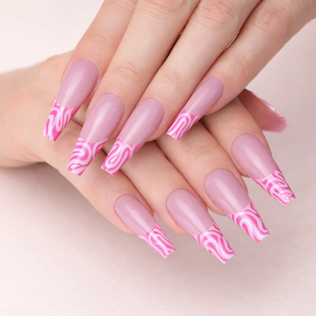 Faux Ongles Roses Brilliante Ballerine Longs