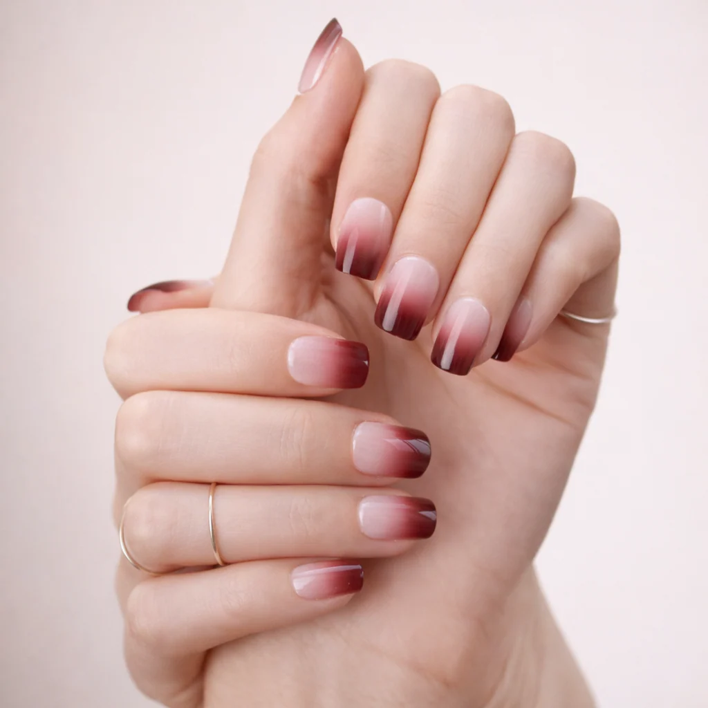 Faux Ongles Dégradé Nude et Rouge Carrés Courts