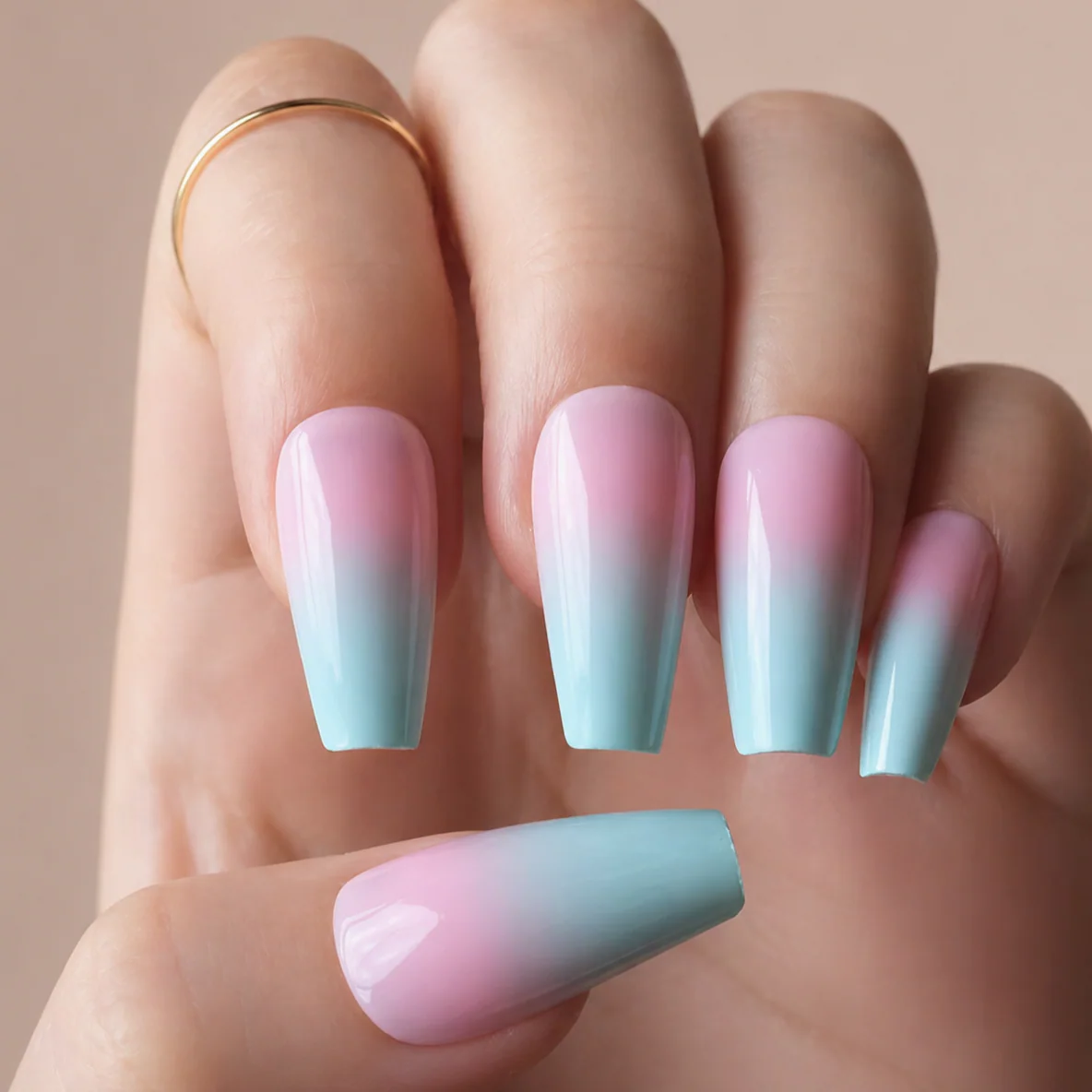 Faux Ongles Dégradé Pastel Rose et Bleu Ballerine Longs