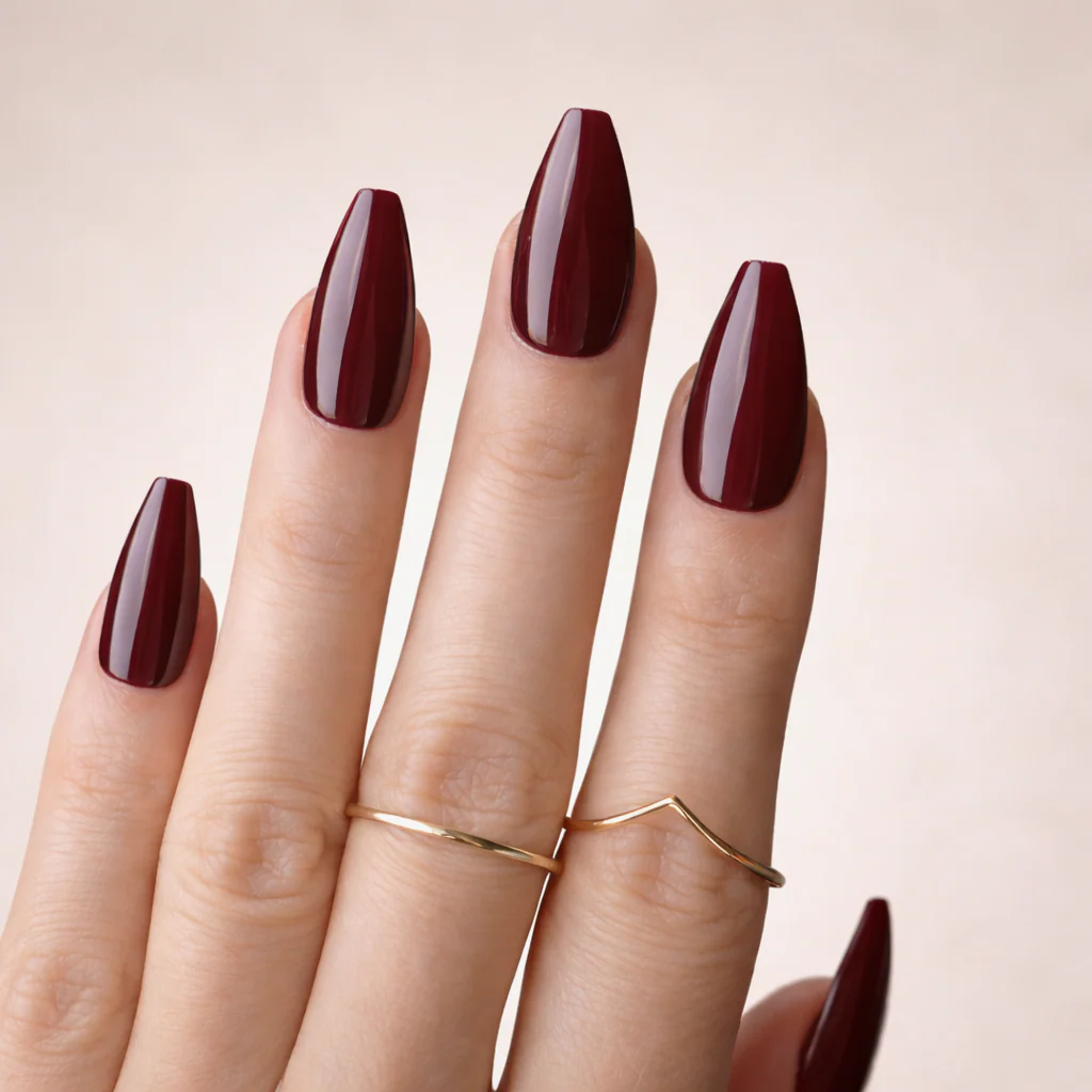 Faux Ongles en Gel Bordeaux Mi-Longs
