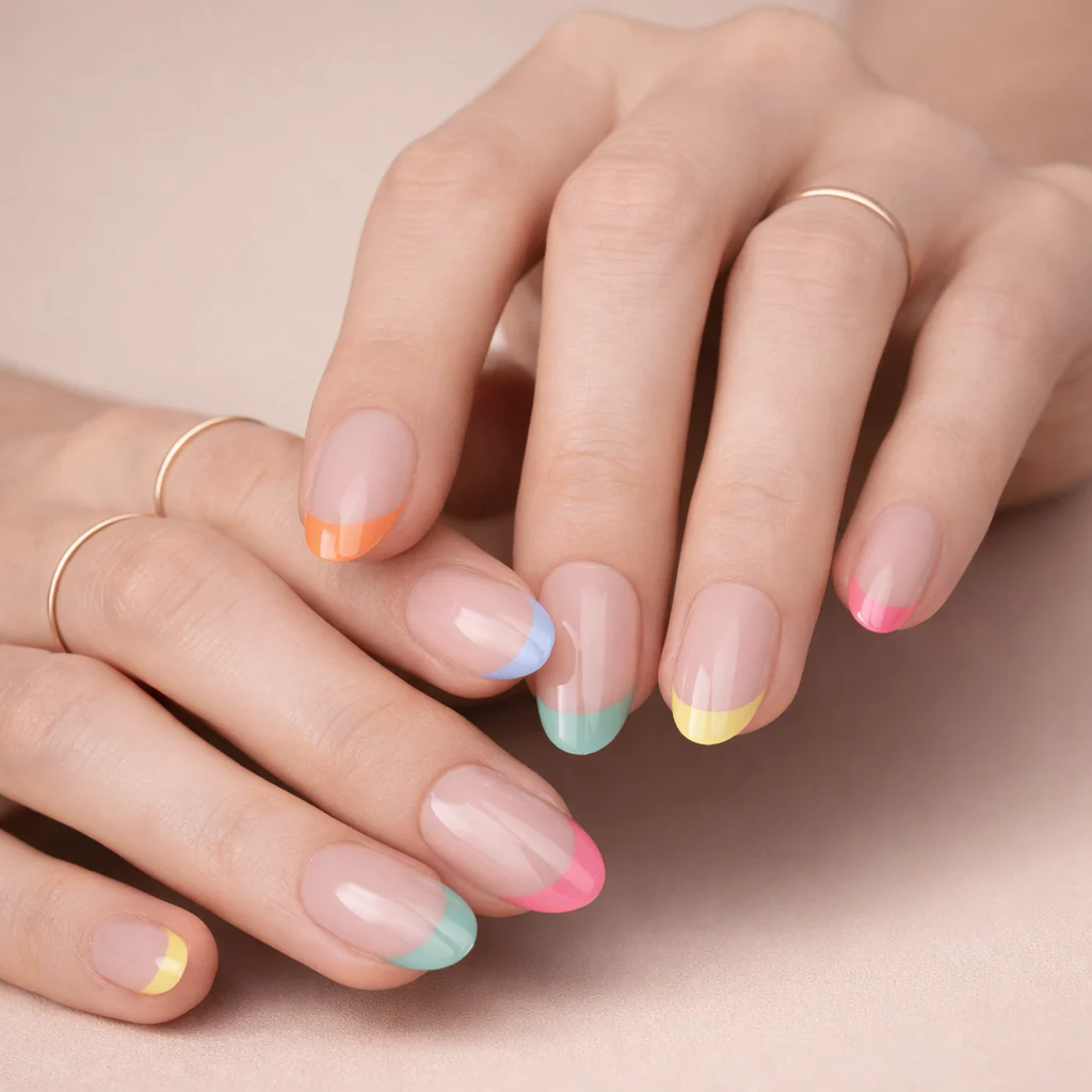 Faux Ongles French Multicolore Amande Mi-Longs