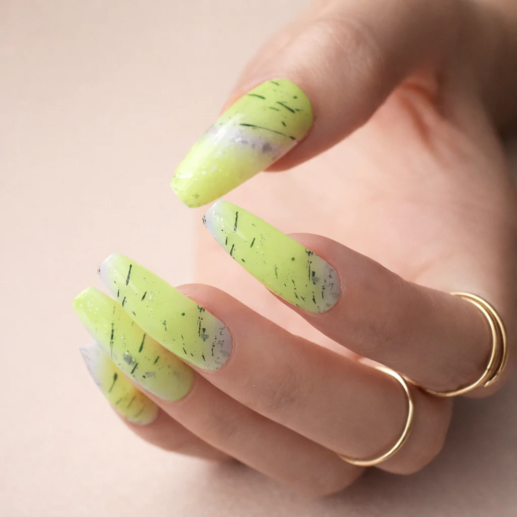 Faux Ongles Vert-Jaune Fluo Ballerine Longs