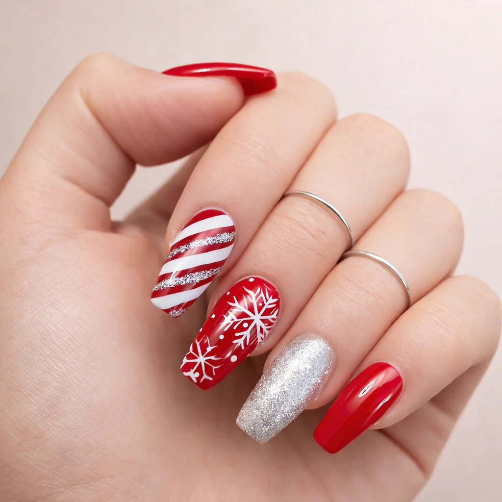 Faux Ongles Rouges à Flocons Ballerine Longs
