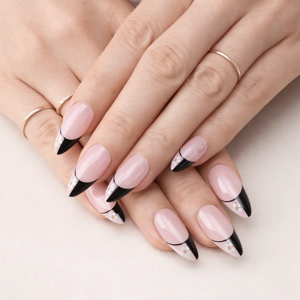 Faux Ongles Noirs avec des Fleurs Amande Mi-Longs