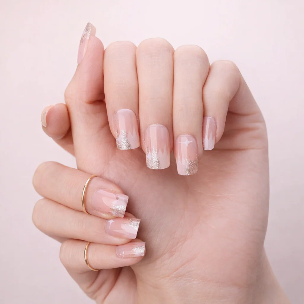 Faux Ongles Nude Pailletés Carrés