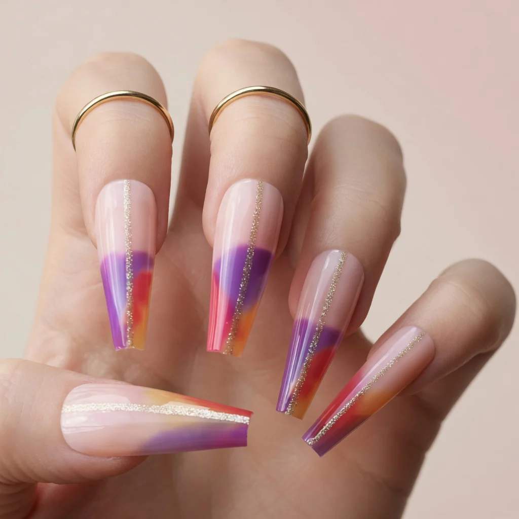 Faux Ongles Ombre Paillettes Gradient Ballerine Longs