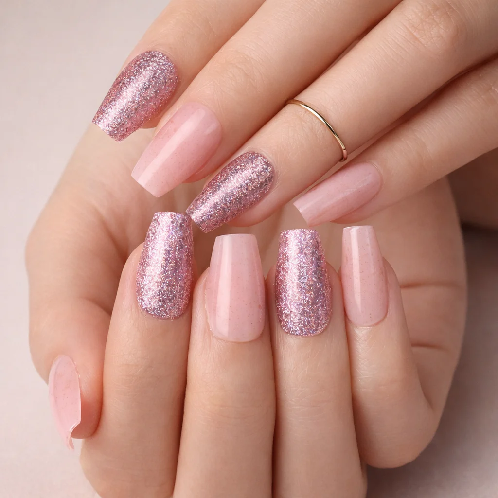 Faux Ongles Rose avec Paillettes Carrés