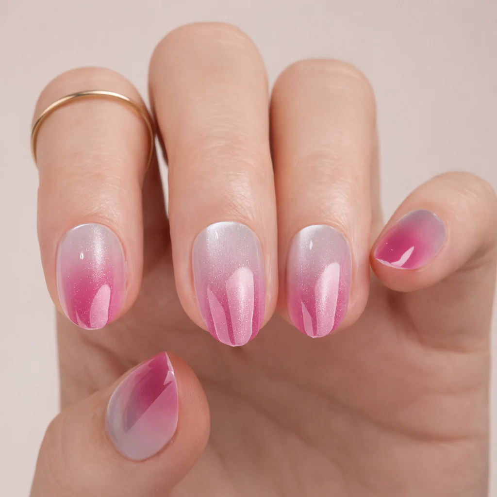 Faux Ongles Rose Dégradé Effet Œil de Chat