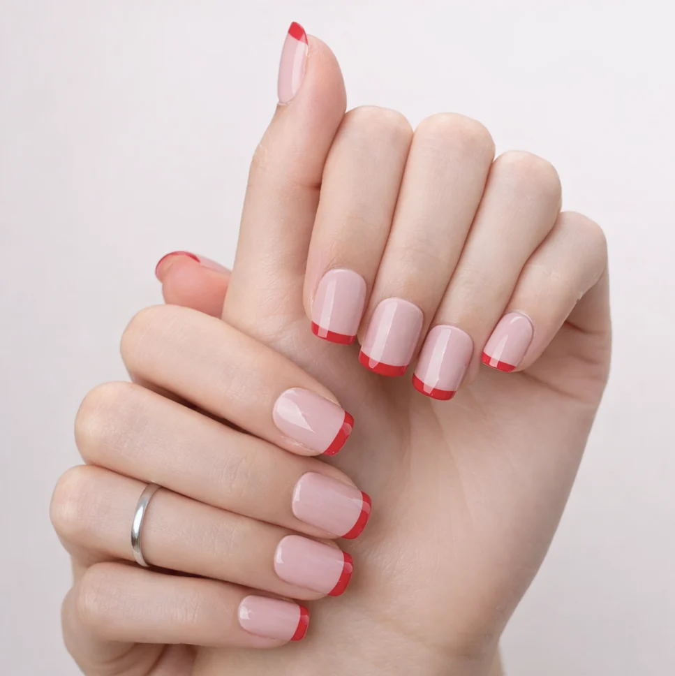 Faux Ongles French Rouge et Roses Courts