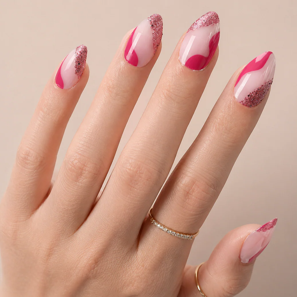 Faux Ongles Rose Vif Pailletés Amande Courts