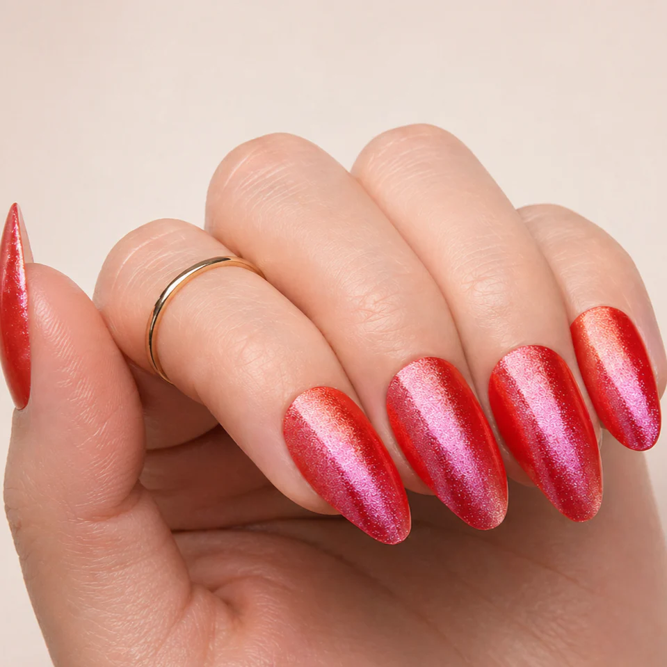 Faux Ongles Rouge Chrome Amande Mi-Longs