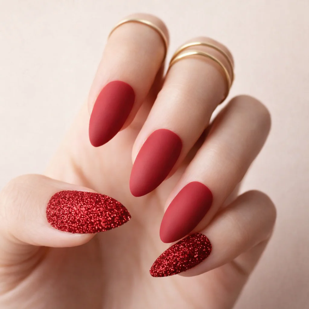 Faux Ongles Rouge Mats à Paillettes Amande Mi-Longs